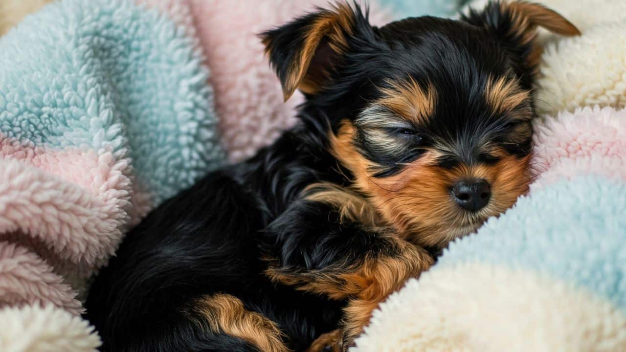 Tiny Yorkie Puppy with eyes closed laying on a colorful plush blank in a dog bed